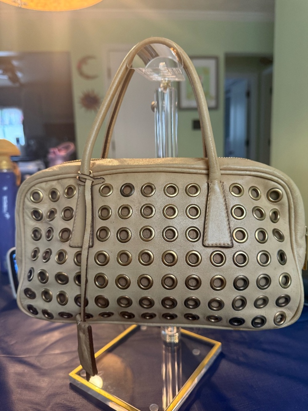 PRADA Grommet Embellished Tan Leather Hand Bag